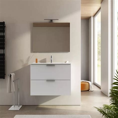 Mobile Bagno Sospeso 80 Cm Bianco Opaco Con Lavabo Integrato E Specchio