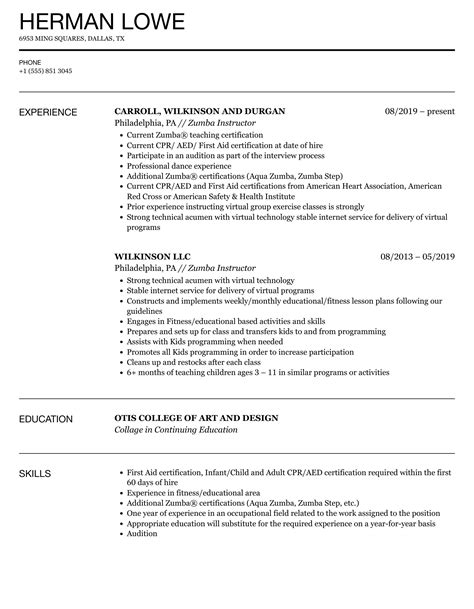 Zumba Instructor Resume Sample