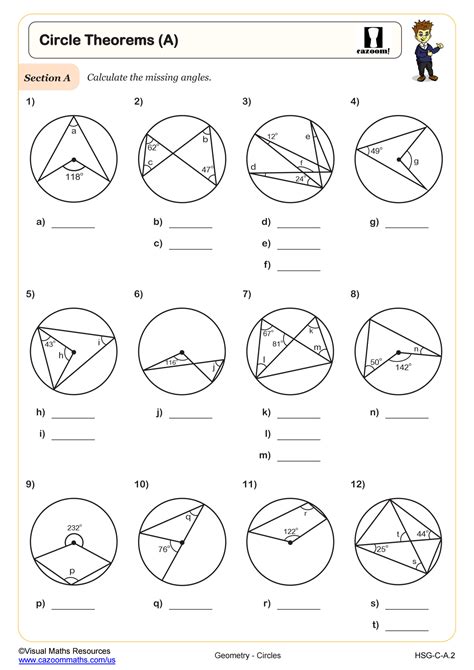 Circle Theorems (A) Worksheet | PDF Printable Geometry Worksheet