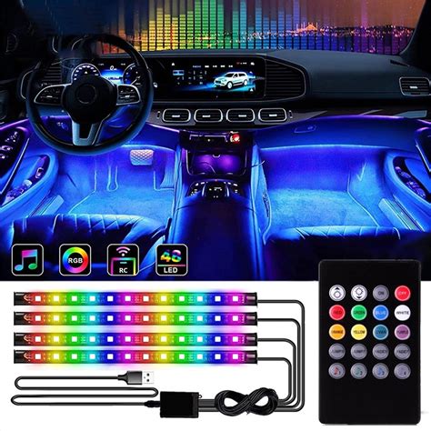 Ckraxd Interior Car LED Strip Lights, 4PCS Remote Control Car LED ...