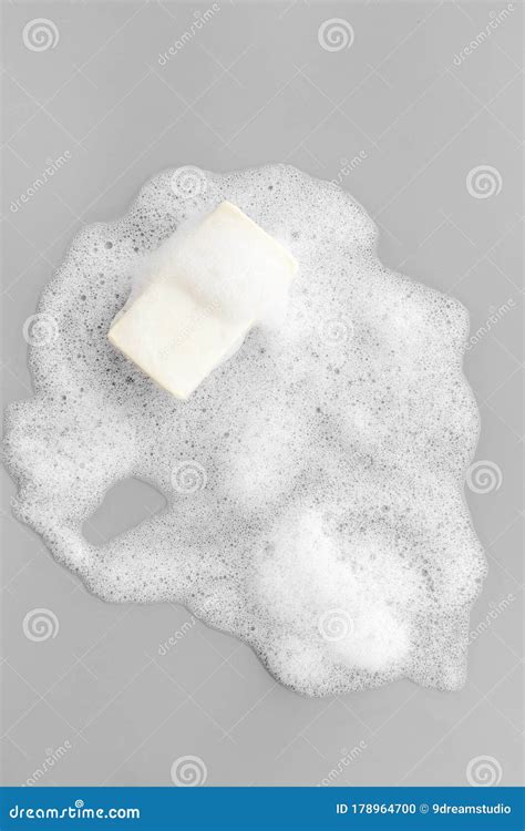 Soap Bar With Bubbles On Grey Background Top Down Stock Photo Image