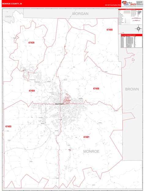 Monroe County, IN Zip Code Wall Map Red Line Style by MarketMAPS - MapSales