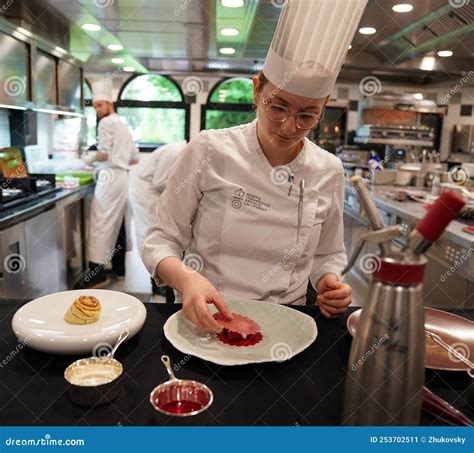 Pastry Chef Plating Desert Dish At The Three Star Michelin L`assiette Champenoise Restaurant Run