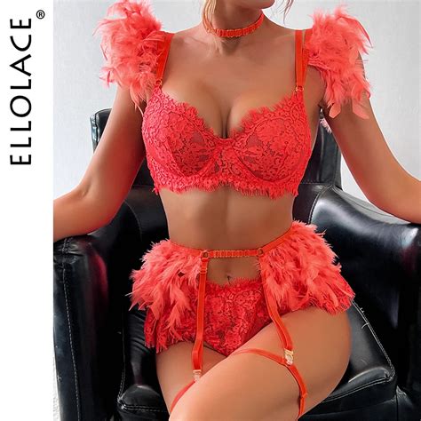 Ellolace Feather Lingerie Lace Luxury Underwear Piece See Through Sissy Seamless Intimate Push
