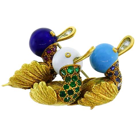 Cartier Vintage Brooch 18k Gold Gems Enamel Pin Clip Estate Jewelry For