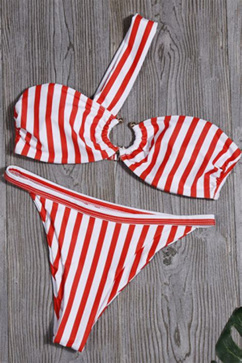 Iyasson Stripe One Shoulder High Leg Bikini Iyasson