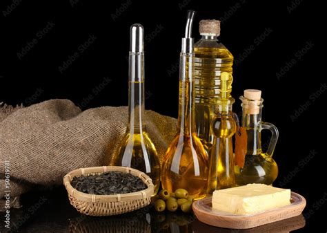 types  oil  sunflower seeds  olives stock photo