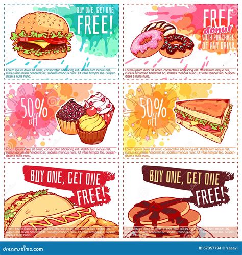 Six Different Discount Coupons for Fast-food or Dessert. Stock Vector - Illustration of pancake ...