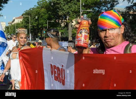 Madrid Spain Th July Gay Pride Parade With Participants And A Flag In Paseo Del Prado