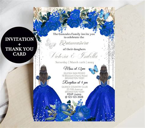 Twins Quinceañera Invitation Royal Blue Silver Floral Mis Xv Quince Diy Editable Template