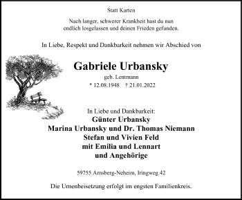 Traueranzeigen Von Gabriele Urbansky Trauer In Nrw De