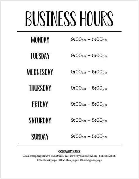 business hours sign printable template hours  operation etsy