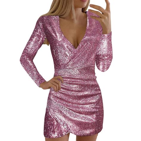 Kunaik Women Sexy Sequins V Neck Long Sleeve Self Cultivation Dresses Slim Elegant Ladies Party