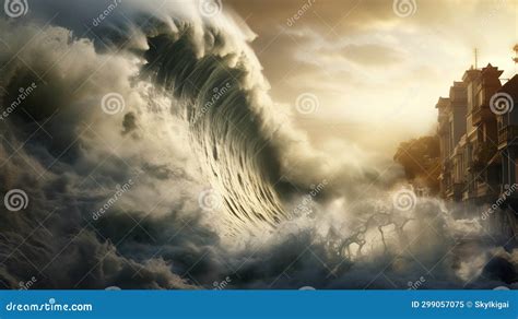 A Giant Wave Crashes Into A Coastal City Stock Image Image Of