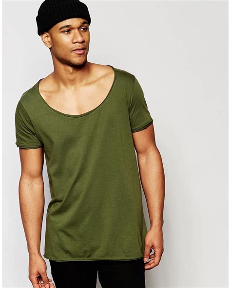 Asos Longline T Shirt With Wide Scoop Neck And Raw Edge In Green For Men Lyst