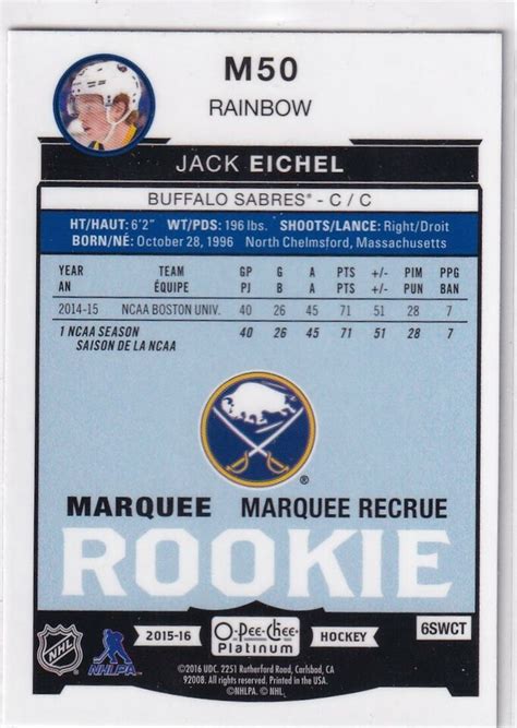 2015 16 JACK EICHEL UPPER DECK O PEE CHEE PLATINUM RAINBOW ROOKIE M50