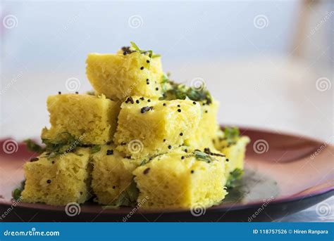 Gujarati Khaman Dhokla Or Steamed Gram Flour Snack Indian Cuisine