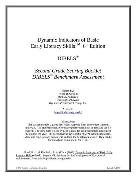 Pdf Second Grade Scoring Booklet Dibels Benchmark  Levels Additional · Second Grade