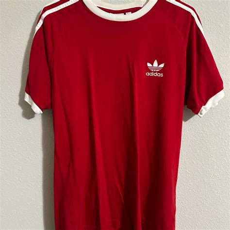 Adidas Red Shoulder Striped T-Shirt Great quality... - Depop