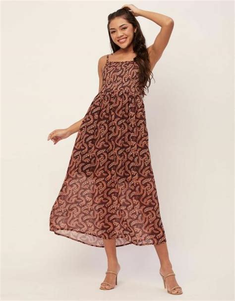 Buy Moomaya Printed Smocked Dress Sleeveless Adjustable Strap Maxi