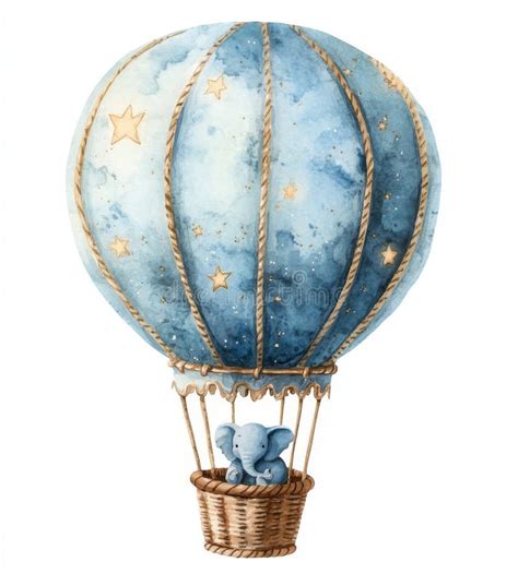 Charming Illustration Featuring An Adorable Watercolor Hand Drawn Baby Elephant In A Hot Air