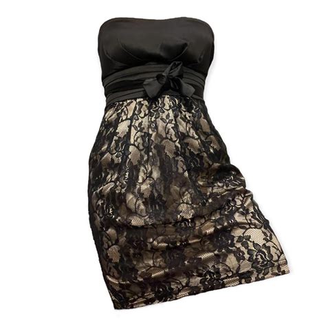 2000s Strapless Y2k Empire Black And Nude Lace Depop