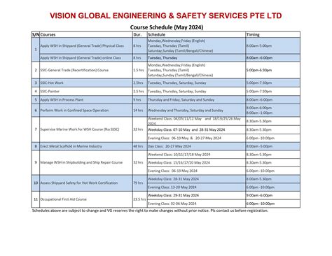 Our Schedule Vision Global Engineering Safety Services