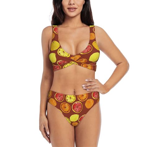 Womens Bikini Sets Two Piece Fruit Collage Cross Design Swimsuit High Waisted Bathing Suit For