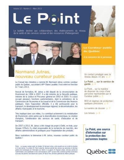 Le Point vol 12 no 1 mars 2013 Le Curateur public du QuÃbec