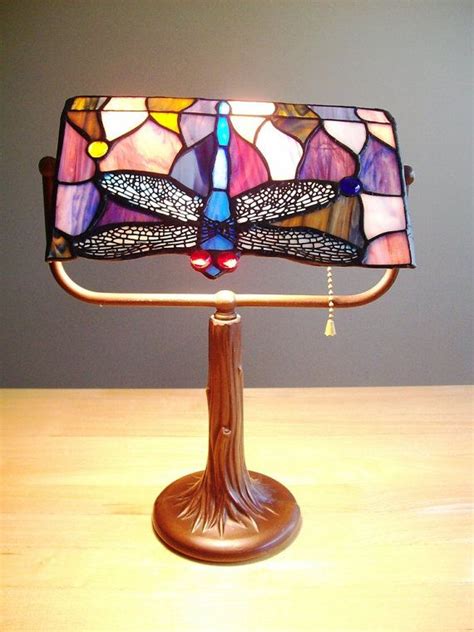 Vintage Stained Glass Dragonfly Banker Desktable Lamp Tiffany Style On Etsy 7000