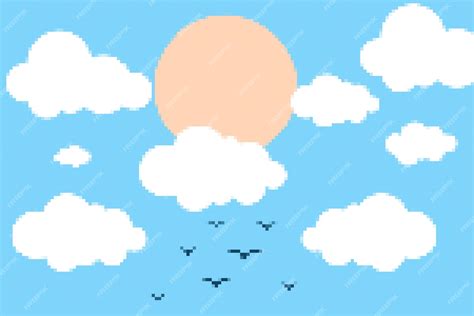 Premium Vector | Blue background sun and clouds with pixel pattern style