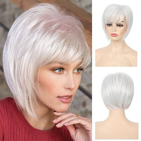 Short White Wigs For Women Natural Straight Synthetic White Wig With