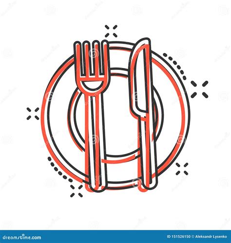 Fork, Knife and Plate Icon in Comic Style. Restaurant Vector Cartoon ...