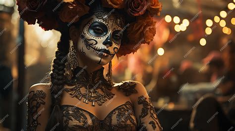 Premium AI Image | Woman in La Calavera Catrina Costume with Smoking Skull