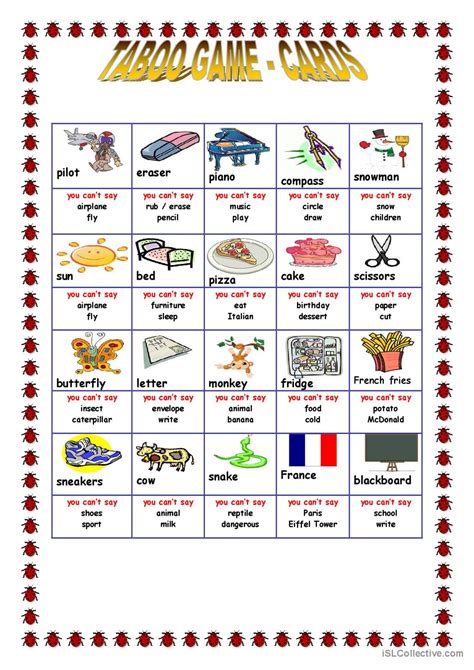 Taboo Cards For ESL Classes Game Of English ESL Worksheets Pdf Doc