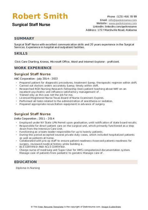 Surgical Staff Nurse Resume Samples Qwikresume