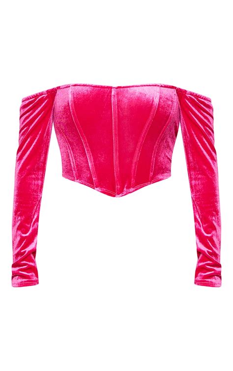 Shape Hot Pink Velvet Bardot Long Sleeve Corset Prettylittlething Usa