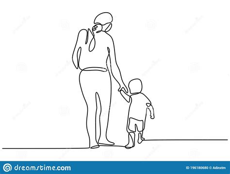 Continuous One Line Drawing Of Mom And Her Kids Young Mother Holding