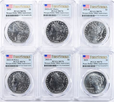 2021 Morgan And Peace Silver Dollar Set 100th Anniversary First Strike Pcgs Ms 70 6 Coins