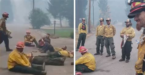 Exhausted Oregon firefighters sit and sing together after a long day of ...