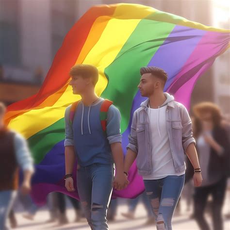 Dos Hombres Caminando En Un Desfile Con Banderas Del Arco Iris Foto