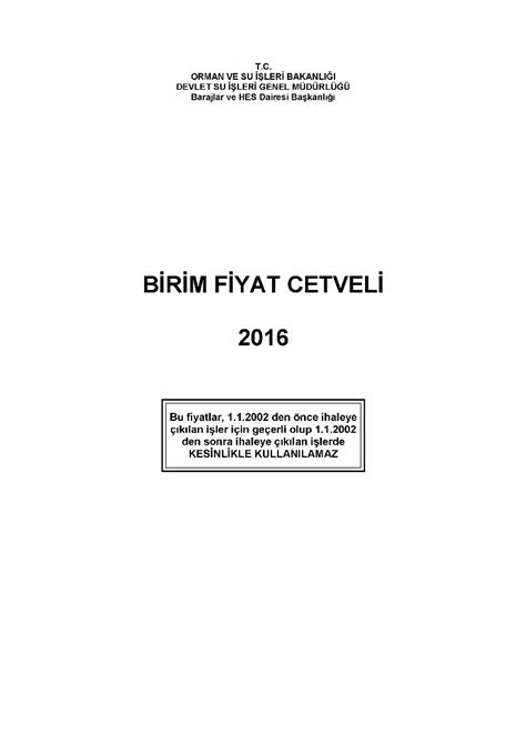 PDF BİRİM FİYAT CETVELİ 2016 DOKUMEN TIPS