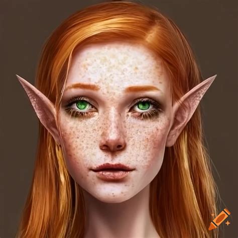 Portrait Of An Auburn Haired Elven Woman With Green Eyes And Freckles