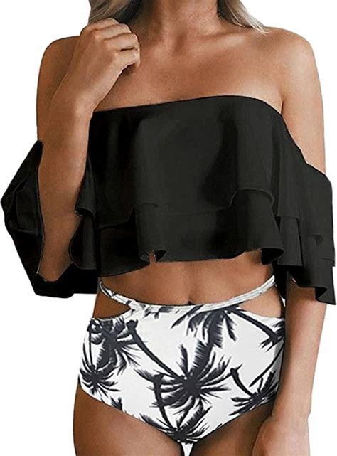 DELEY Damen Vintage Rüschen Volants Bikini Zwei Stück Off Shoulder Hohe