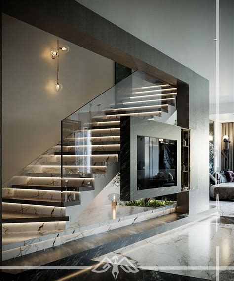 Modern Staircase Design with Marble Steps and Glass Railings