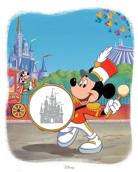 The Mickey Mouse Character Is Holding A Drum In Front Of A Castle With