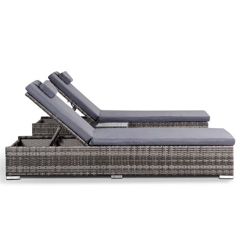 Set of 2 Soak Sun Loungers with Side Table in Small Grey Rattan – Club ...