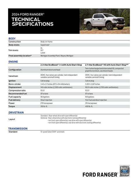 All-New 2024 Ford Ranger Technical Specifications | PDF | Transportation Engineering | Vehicle ...