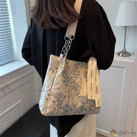 Bird In Bag Floral Pattern Shoulder Tote Bag With Pearl And Chain