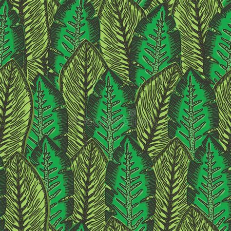 Green Pattern With Overlapping Tropical Leaves Stock Vector